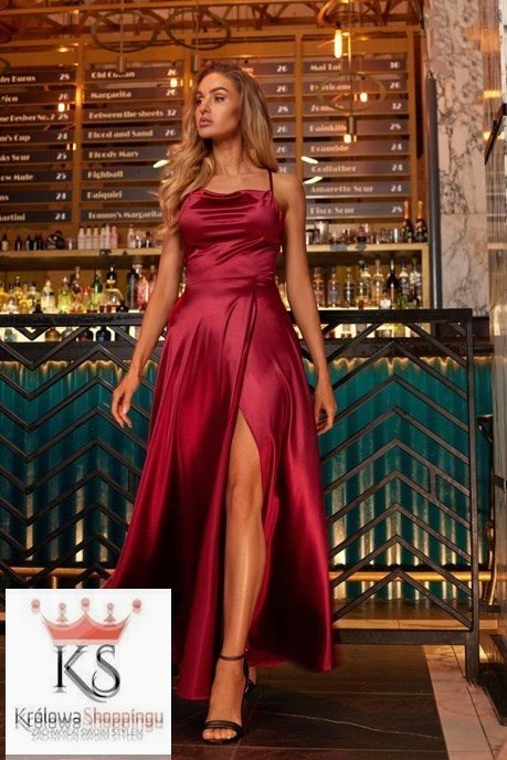 Sukienka długa satynowa wiązanie szyja bordo