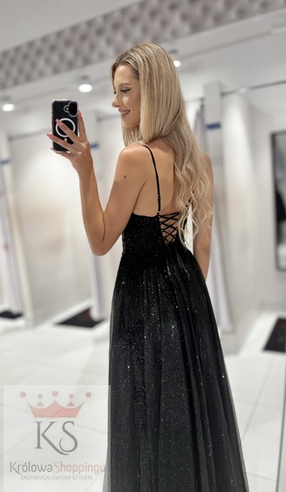 Sukienka długa gorset kwiaty haft brokat czerń