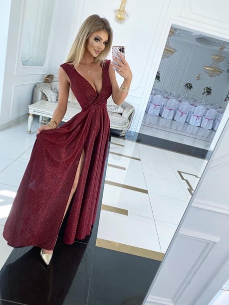 Sukienka długa dekolt V rękaw brokat bordo