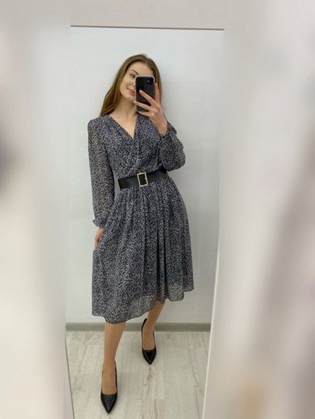 Sukienka midi rękaw pasek zwiewna panterka szary