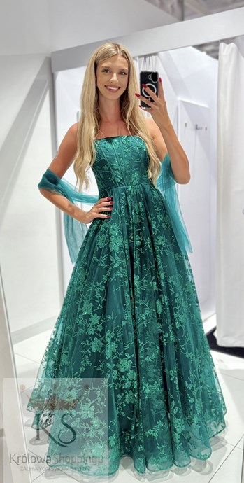 Sukienka długa balowa brokatowe kwiaty zieleń