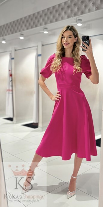 Sukienka midi 3/4 rękawek wiązanie plecy malina