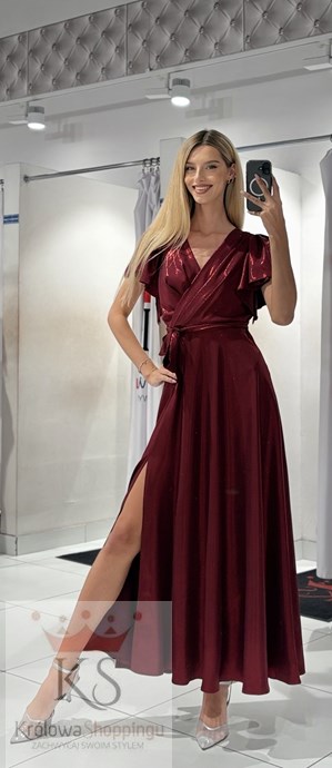 Sukienka długa drapowany rękaw błysk bordo