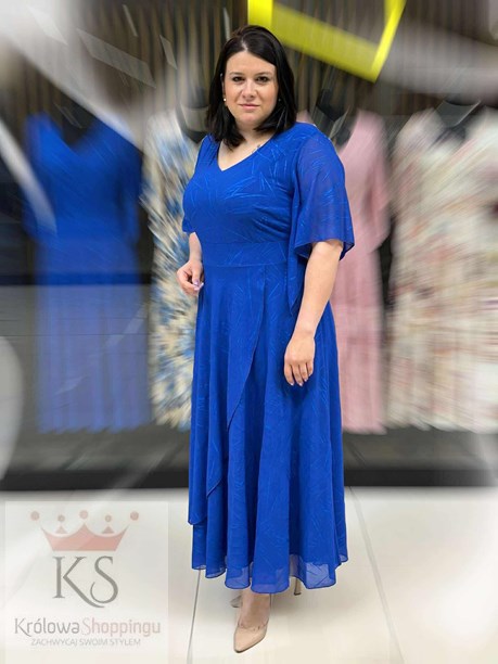 Sukienka długa rękaw metaliczny wzór chaber