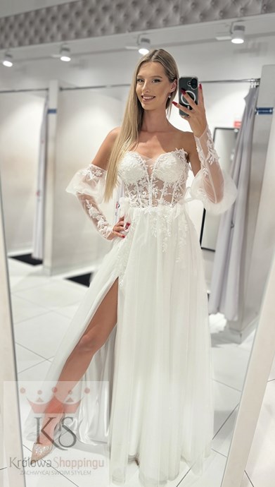 Sukienka długa gorset rękawek koronka tiul biel