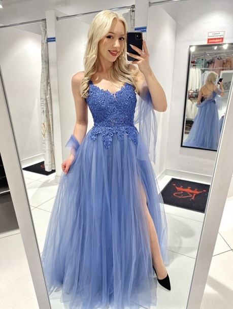 Sukienka długa tiul koronka wiązanie tył błękit