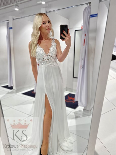 Sukienka długa V dekolt odkryte plecy biel