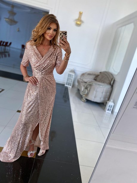 Sukienka długa cekiny rękawek V dekolt wrzos