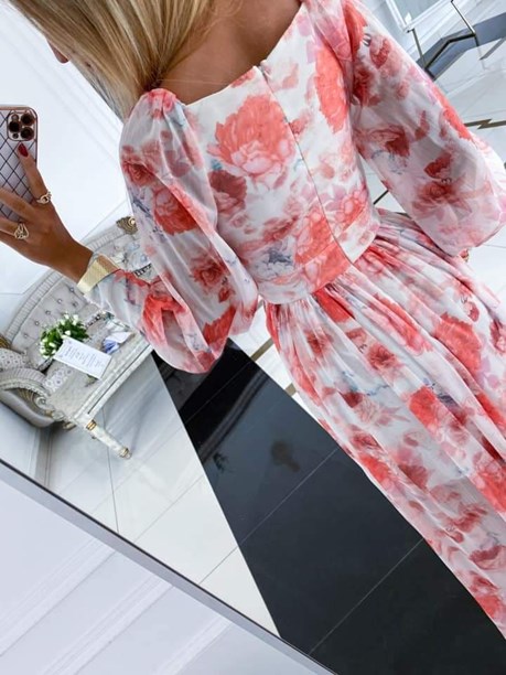 Sukienka długa długi rękaw kwiaty biel/pomarańcz