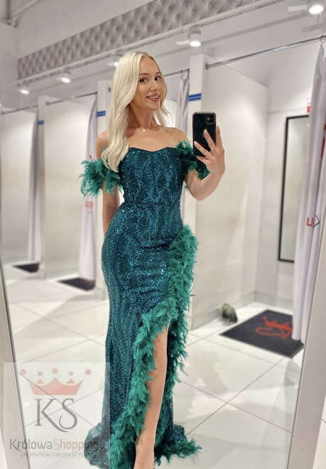 Sukienka długa pióra cekiny butelka zieleń