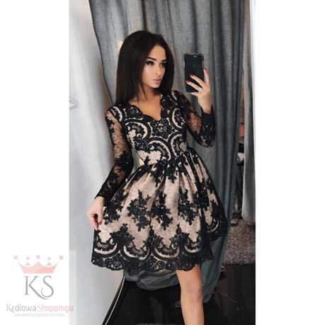 Sukienka krótka koronkowa rękaw brąz/czarny
