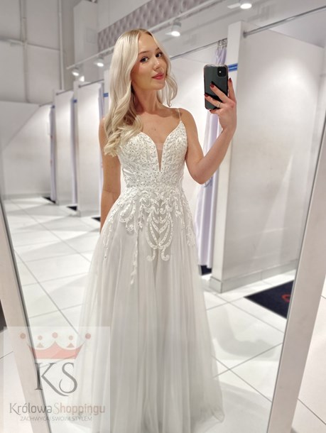 Sukienka długa tiul zdobienie listki biel