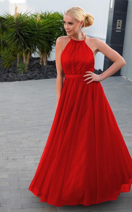 Sukienka długa wiązanie szyja tiul brokat czerwień