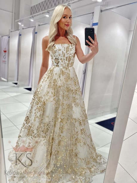 Sukienka długa balowa brokatowe kwiaty biel/złoto