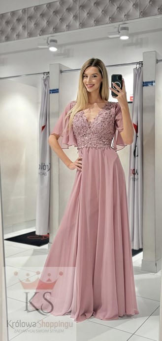 Sukienka długa zdobiona góra rękawek wrzos