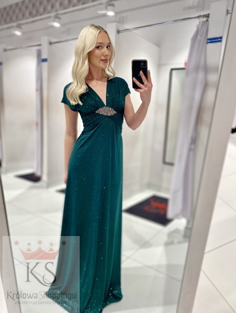 Sukienka długa marszczenie z klamrą brokat zieleń