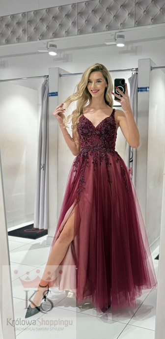 Sukienka długa gorset zdobienie tiul burgund/krem