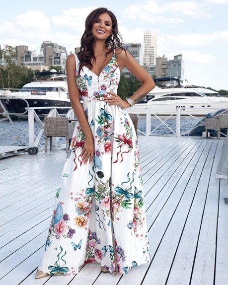 Sukienka długa dwa rozcięcia kwiaty motyle