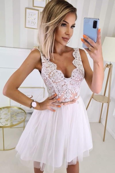Sukienka krótka tiulowa dekolt biel/róż
