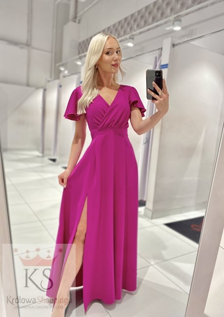 Sukienka długa rękawki dekolt fuksja