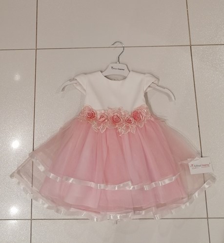 Sukienka dziecięca falbana kokarda tył biel/róż