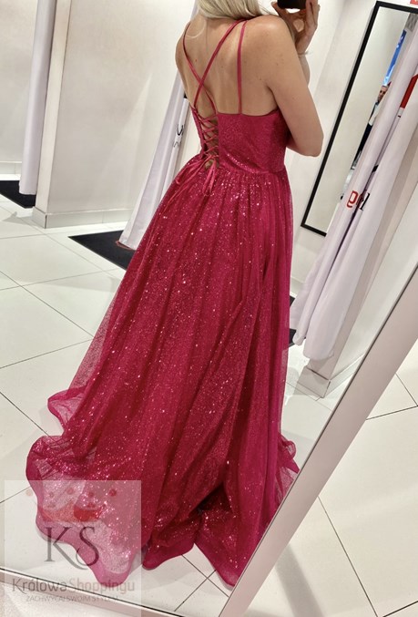 Sukienka długa wiązane plecy gorset brokat fuksja