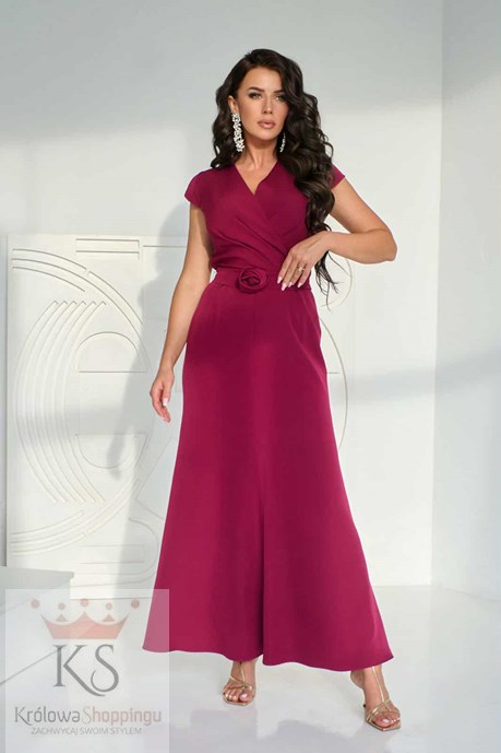 Sukienka długa rękawek pasek róża bordo