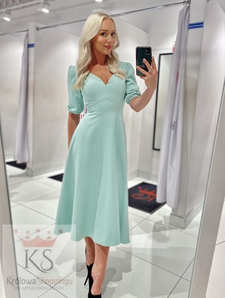 Sukienka midi rękawek 3/4 pas wiązanie pistacja