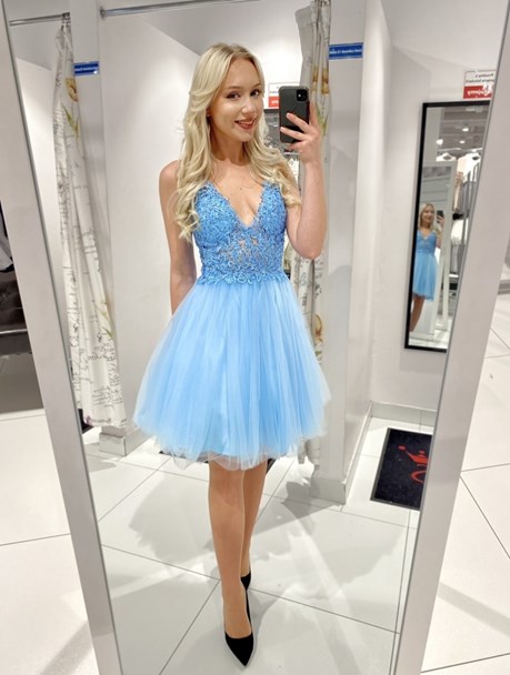 Sukienka krótka koronkowy gorset tiul błękit