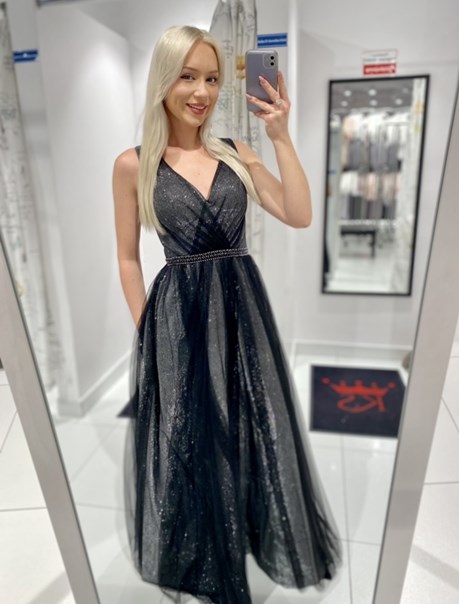 Sukienka długa zdobienie tiul perły brokat grafit