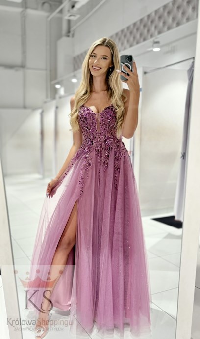 Sukienka długa gorset tiul brokat jagoda