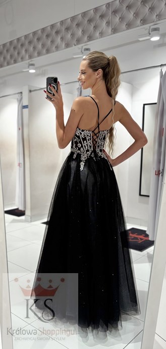 Sukienka długa tiul gorset ozdoby brokat srebro/cz