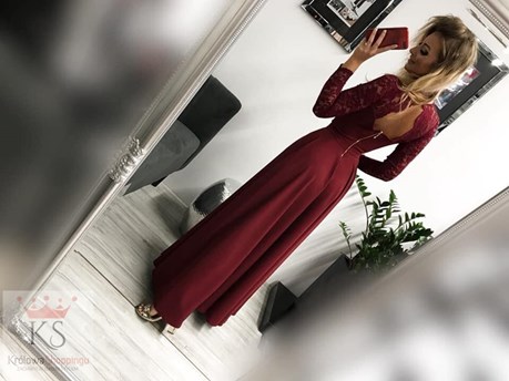 Sukienka długa asymetryczna długi rękaw bordo