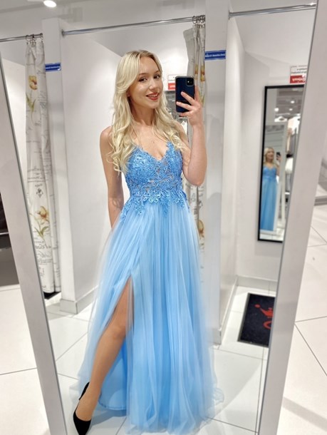 Sukienka długa koronkowy gorset tiul błękit