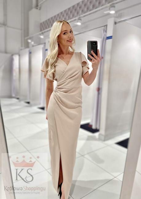 Sukienka długa dopasowana falbana rękaw beż