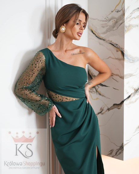 Sukienka długa asymetryczny rękaw zieleń