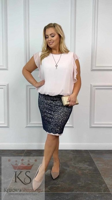 Sukienka krótka motylek rękawek koronka róż/granat