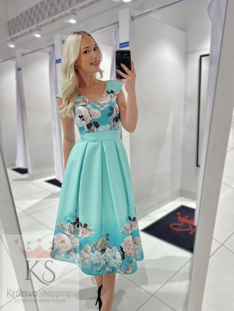 Sukienka midi kwiaty na dole turkus
