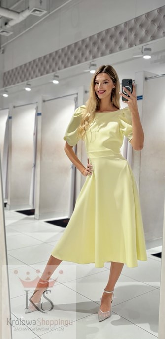 Sukienka midi 3/4 rękawek wiązanie plecy masełko