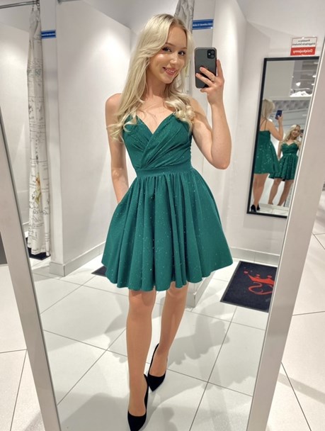 Sukienka krótka na ramiączkach brokat zieleń