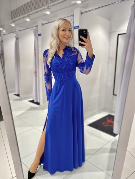 Sukienka długa rękawek koronkowy chaber