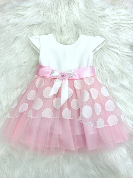 Sukienka dziecięca tiul groszki kokardka biel/róż