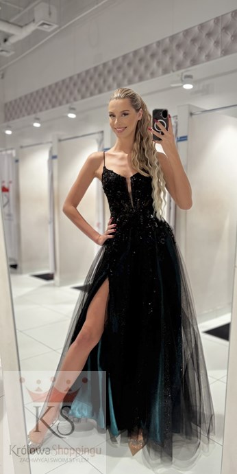 Sukienka długa gorset zdobienie brokat cz/zieleń