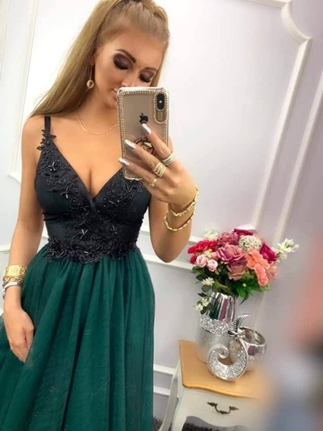 Sukienka długa tiulowa na ramiączkach zieleń/czerń