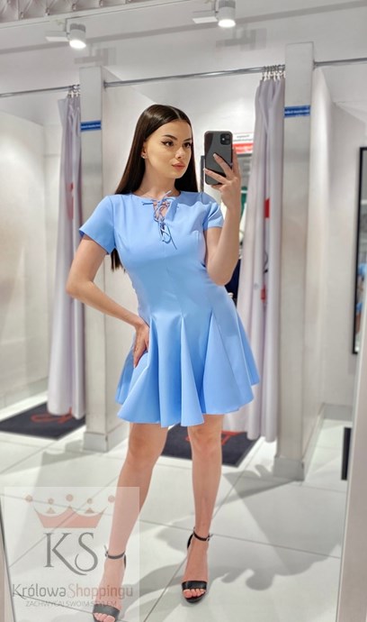 Sukienka krótka rękawek wiązany dekolt błękit
