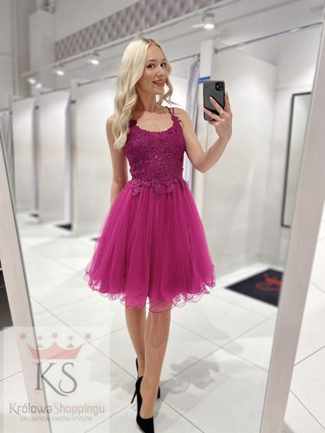 Sukienka krótka ramiączka gorset tiul fuksja