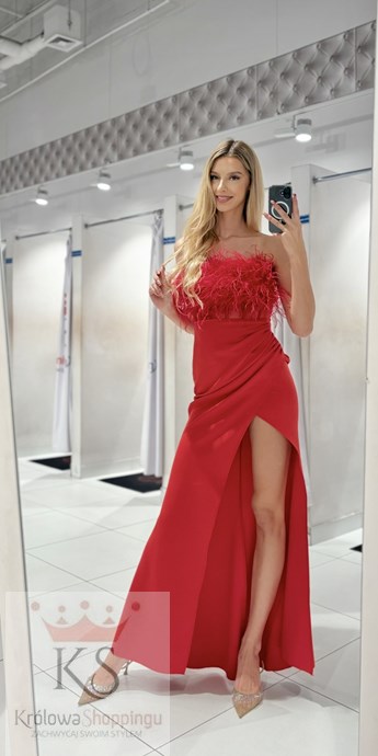 Sukienka długa rybka gorset pióra czerwień