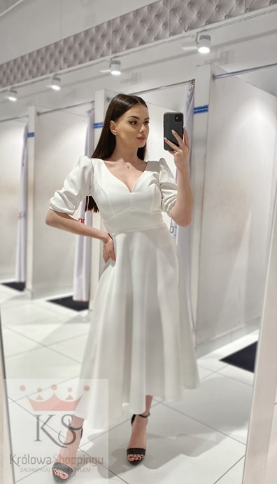 Sukienka midi rękawek 3/4 pas wiązanie biel