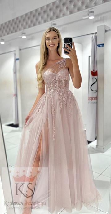 Sukienka długa asymetria tiul brokat wrzos