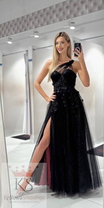 Sukienka długa asymetria tiul czerń/bordo